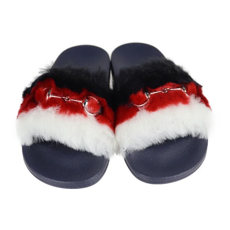 Unused Exhibit Gucci Horsebit Sandals 526176 #30 Faux Fur Rubber Navy Black Red