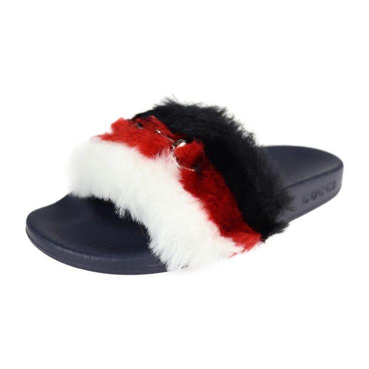 Unused Exhibit Gucci Horsebit Sandals 526176 #30 Faux Fur Rubber Navy Black Red