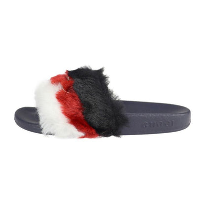 Unused Exhibit Gucci Horsebit Sandals 526176 #30 Faux Fur Rubber Navy Black Red