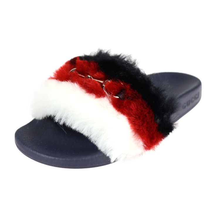 Unused Exhibit Gucci Horsebit Sandals 526176 #29 Rubber Faux Fur Tricolor Gold