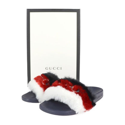 Unused Exhibit Gucci Horsebit Sandals 526176 #29 Rubber Faux Fur Tricolor Gold