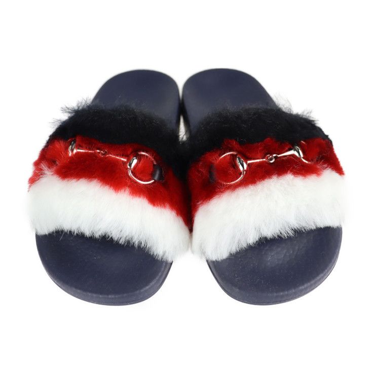 Unused Exhibit Gucci Horsebit Sandals 526176 #29 Rubber Faux Fur Tricolor Gold