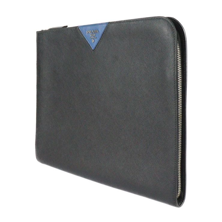 Prada Document Case Second Bag 2vn003 Leather Black Blue Silver Hardware