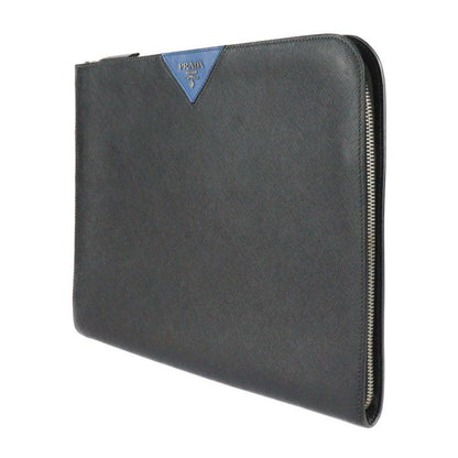 Prada Document Case Second Bag 2vn003 Leather Black Blue Silver Hardware