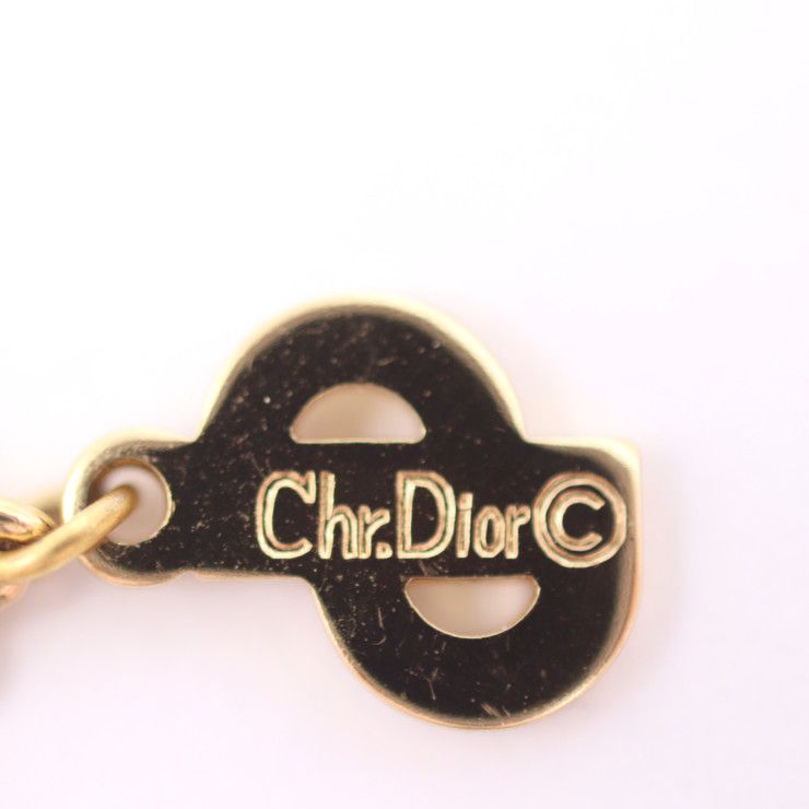 Christian DIOR Necklace Metal Rhinestone Gold Clear Green CD Logo Colored Stone