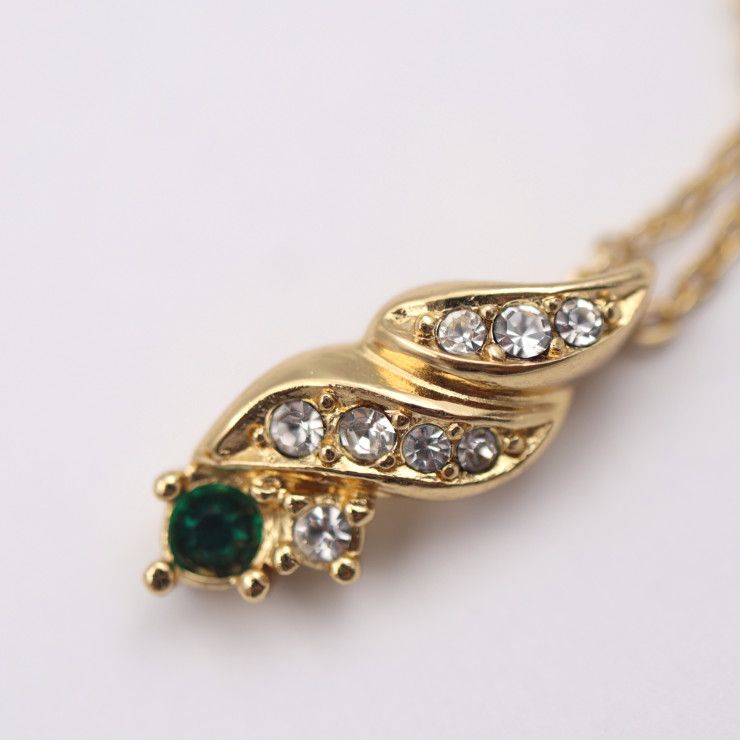 Christian DIOR Necklace Metal Rhinestone Gold Clear Green CD Logo Colored Stone