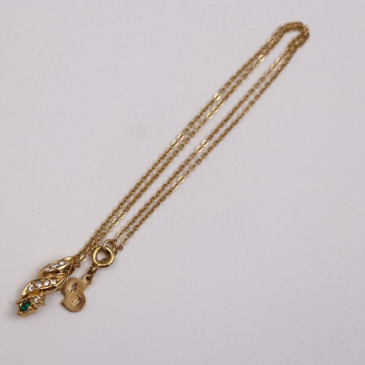 Christian DIOR Necklace Metal Rhinestone Gold Clear Green CD Logo Colored Stone