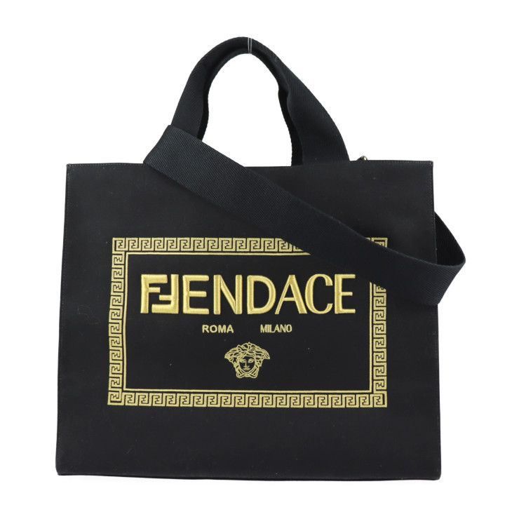 Fendi Tote Bag 7va558 Canvas Black Gold Fendace Versace Collaboration 2WAY