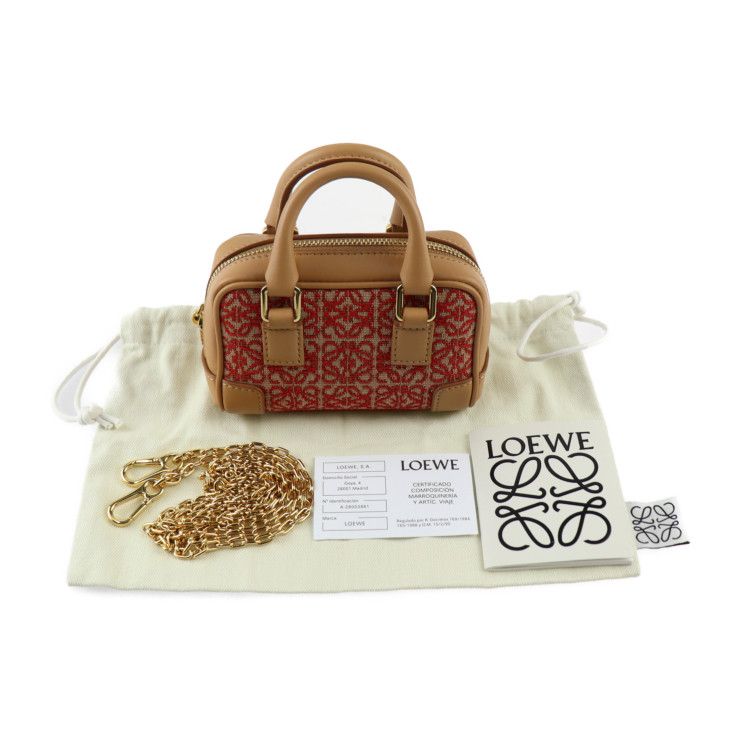 Loewe Amazona Nano Handbag A039u96x02 Canvas Calf Leather Red Light Brown Gold