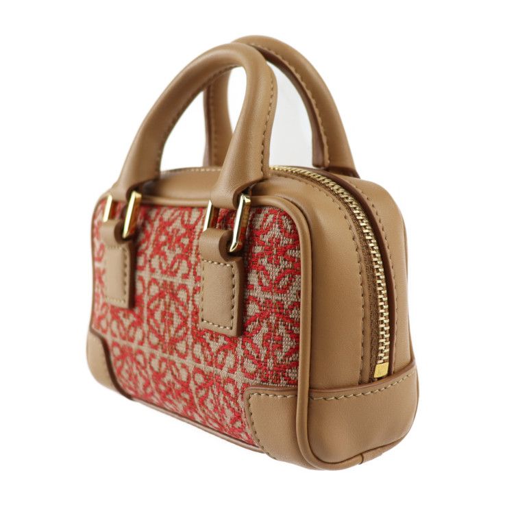 Loewe Amazona Nano Handbag A039u96x02 Canvas Calf Leather Red Light Brown Gold