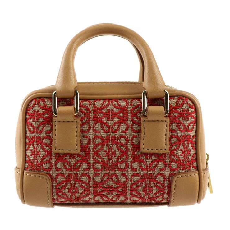 Loewe Amazona Nano Handbag A039u96x02 Canvas Calf Leather Red Light Brown Gold