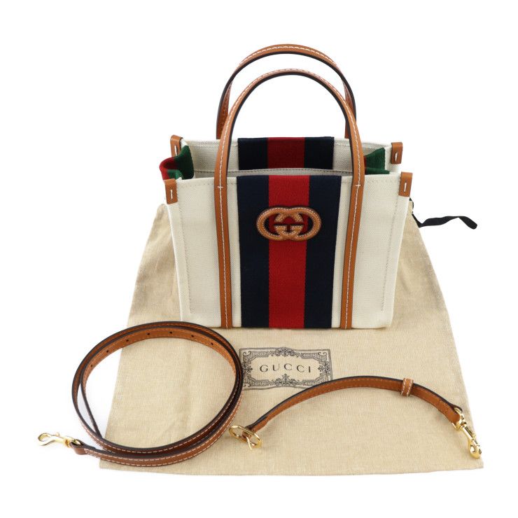 Gucci Interlocking G Mini Tote Handbag 727735 Canvas Leather Beige Red Navy