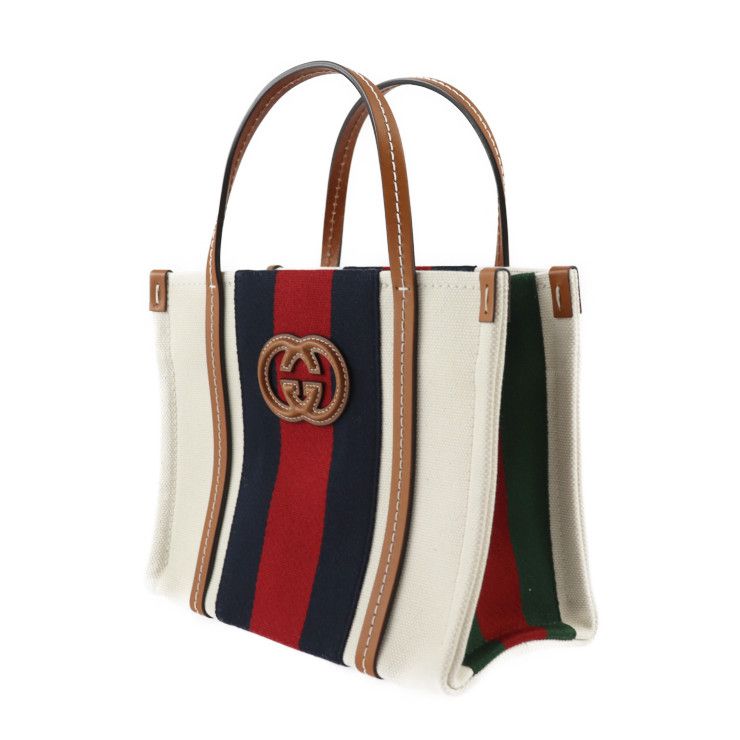Gucci Interlocking G Mini Tote Handbag 727735 Canvas Leather Beige Red Navy