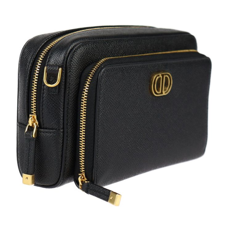 Christian DIOR Caro Double Pouch Shoulder Bag S7431ubae Calfskin Black Gold