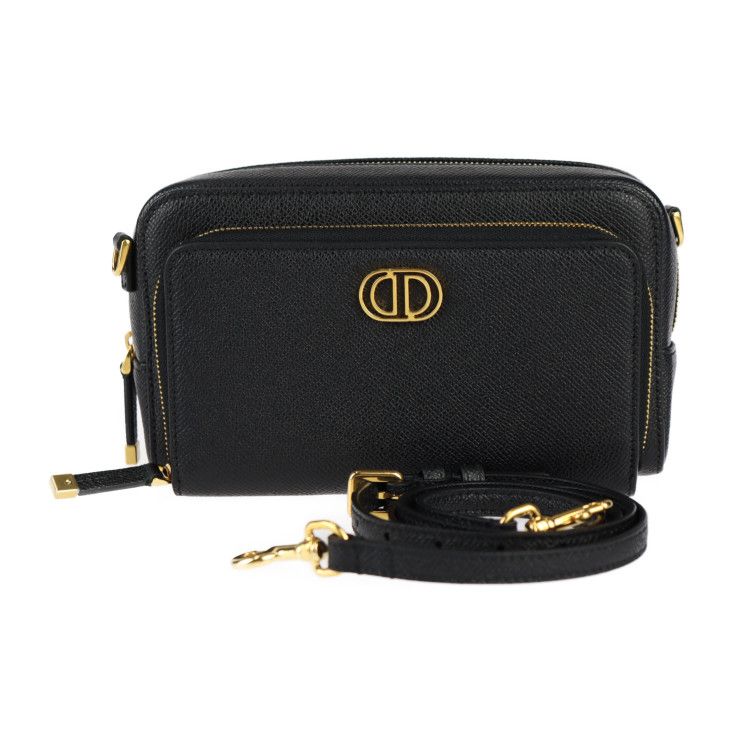 Christian DIOR Caro Double Pouch Shoulder Bag S7431ubae Calfskin Black Gold