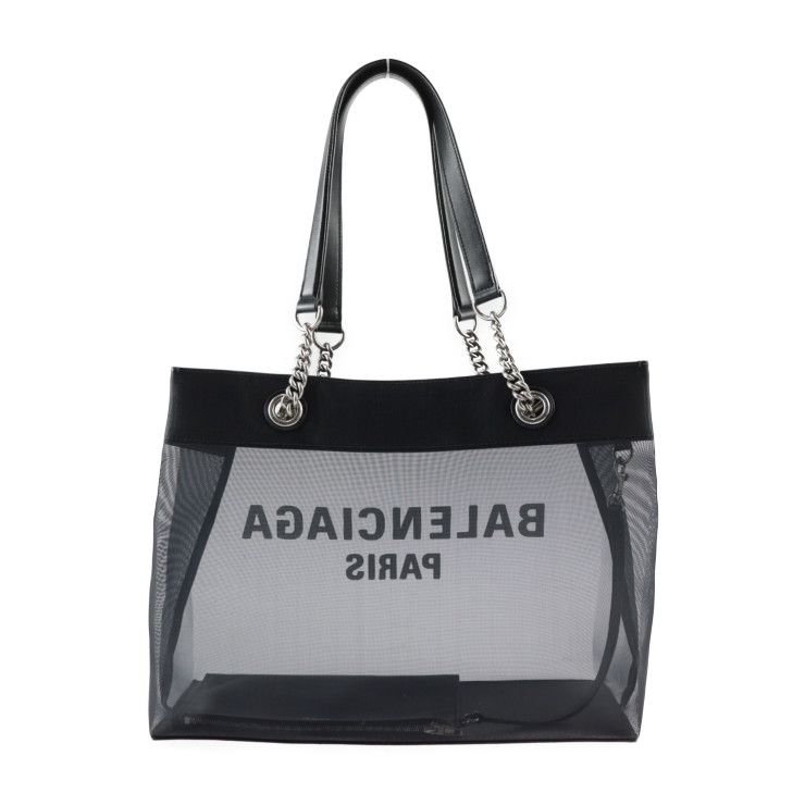 Balenciaga Duty Free Tote Bag 741602 Mesh And Leather Black Silver Hardware