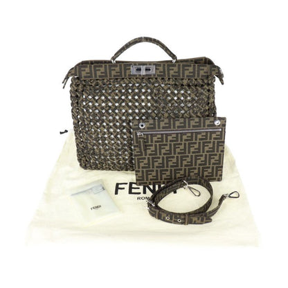 Fendi Peekaboo Icyou Medium Handbag 7va529 Canvas Tabacco Brownish Silver