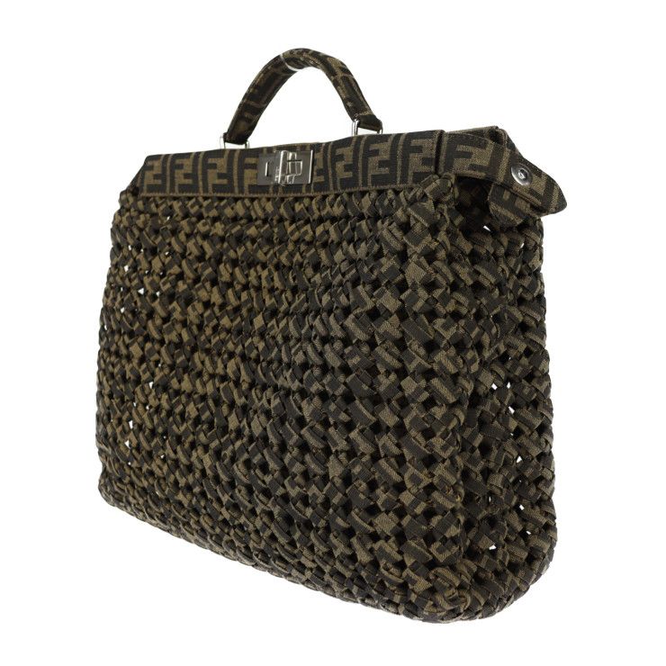 Fendi Peekaboo Icyou Medium Handbag 7va529 Canvas Tabacco Brownish Silver