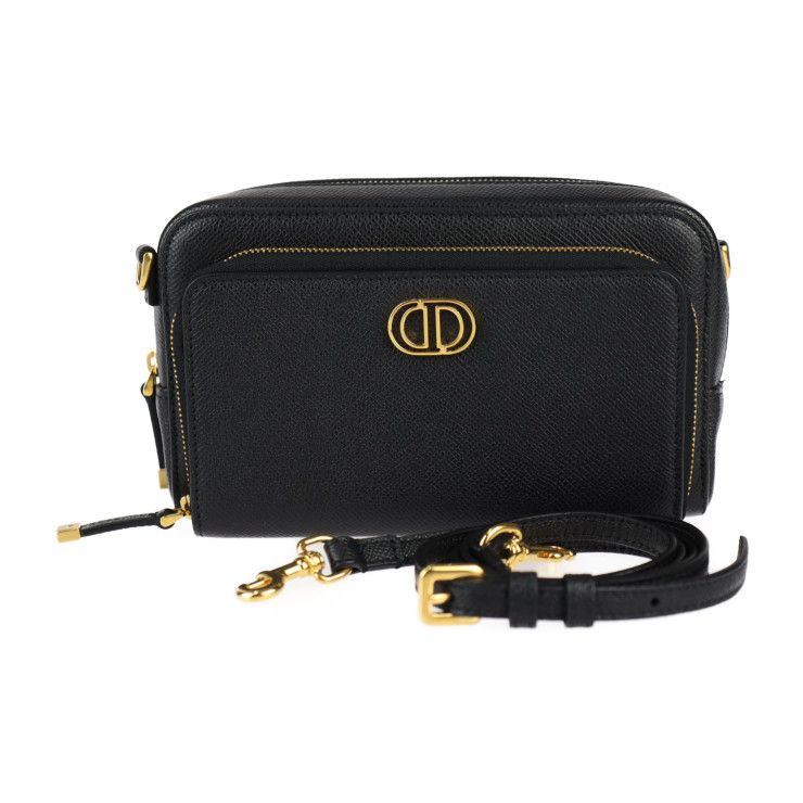 Christian DIOR Caro Double Pouch Shoulder Bag S7431ubae Calfskin Black Gold