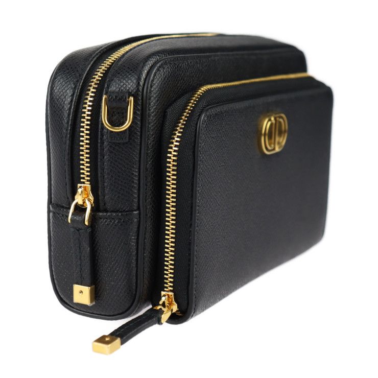 Christian DIOR Caro Double Pouch Shoulder Bag S7431ubae Calfskin Black Gold