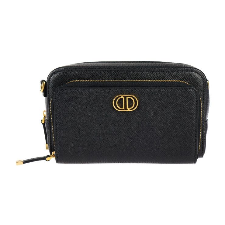 Christian DIOR Caro Double Pouch Shoulder Bag S7431ubae Calfskin Black Gold