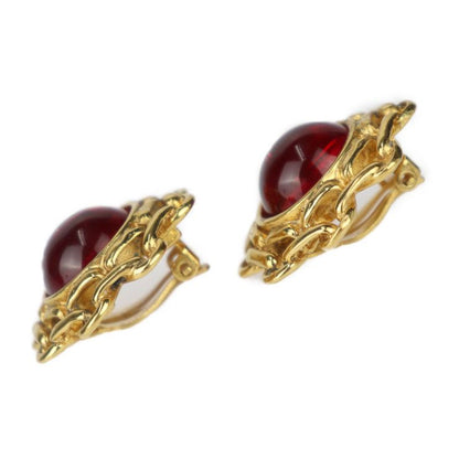 Chanel Gripoix Round Earrings - Metal Bijoux Gold Red Earrings With Clip Vintage