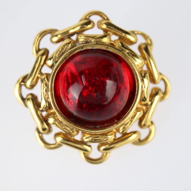 Chanel Gripoix Round Earrings - Metal Bijoux Gold Red Earrings With Clip Vintage