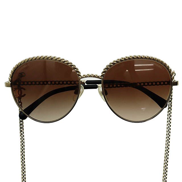 Chanel Pant Shape Coco Mark Chain Sunglasses Gold Black Preowned AA?- 251201