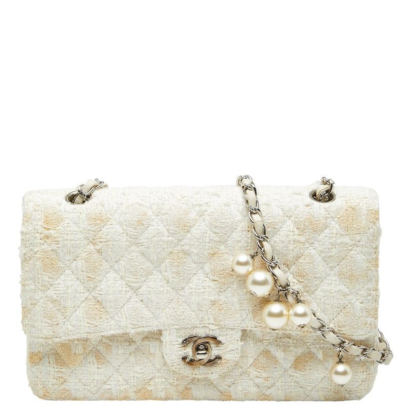 Chanel Coco Mark Matelasse Double Flap Chain Shoulder Bag White Tweed Leather