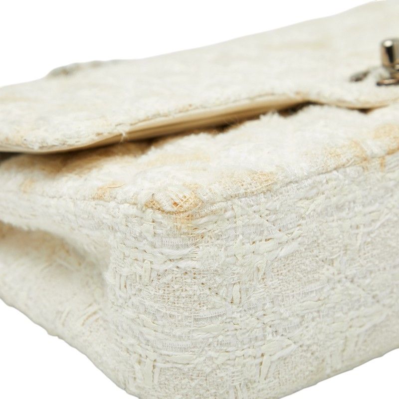 Chanel Coco Mark Matelasse Double Flap Chain Shoulder Bag White Tweed Leather