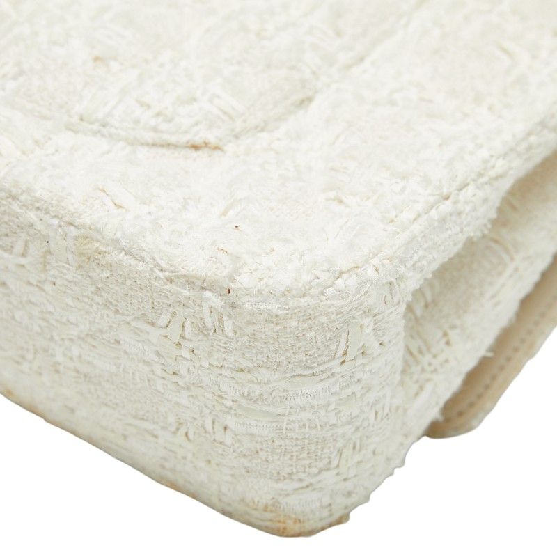 Chanel Coco Mark Matelasse Double Flap Chain Shoulder Bag White Tweed Leather