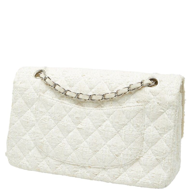 Chanel Coco Mark Matelasse Double Flap Chain Shoulder Bag White Tweed Leather