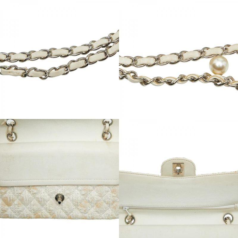 Chanel Coco Mark Matelasse Double Flap Chain Shoulder Bag White Tweed Leather