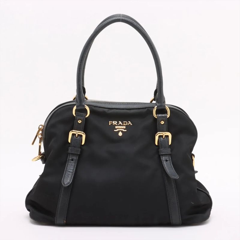 Prada Tessuto Nylon Saffiano Leather Handbag Tote Genuine Leather Black Women's