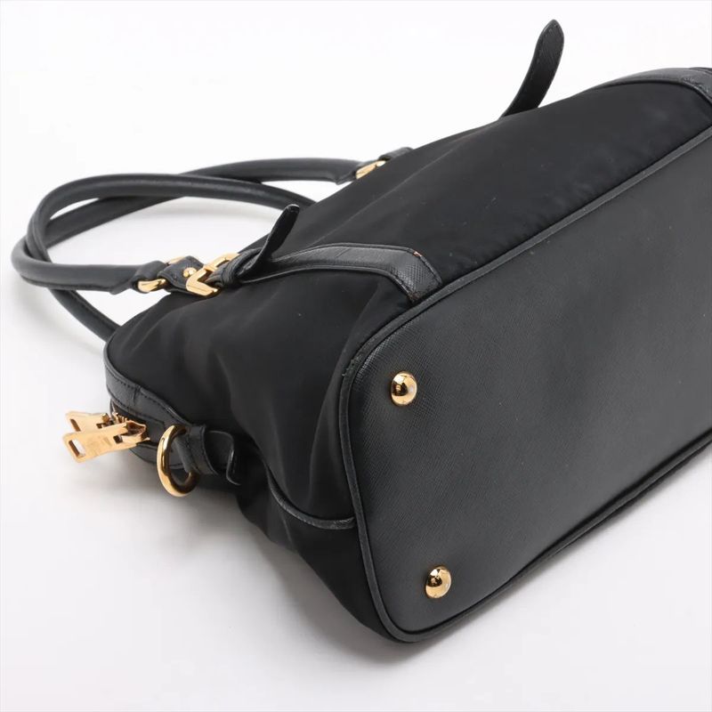 Prada Tessuto Nylon Saffiano Leather Handbag Tote Genuine Leather Black Women's