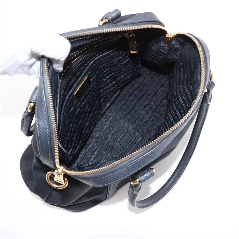 Prada Tessuto Nylon Saffiano Leather Handbag Tote Genuine Leather Black Women's
