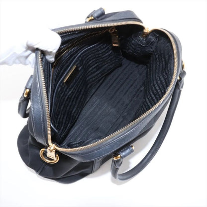 Prada Tessuto Nylon Saffiano Leather Handbag Tote Genuine Leather Black Women's