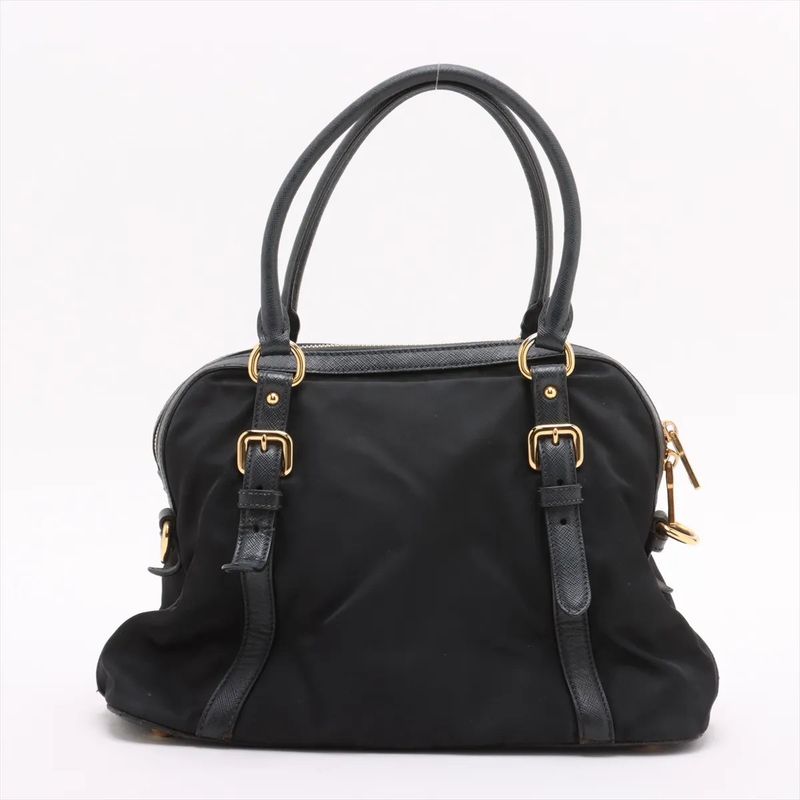 Prada Tessuto Nylon Saffiano Leather Handbag Tote Genuine Leather Black Women's