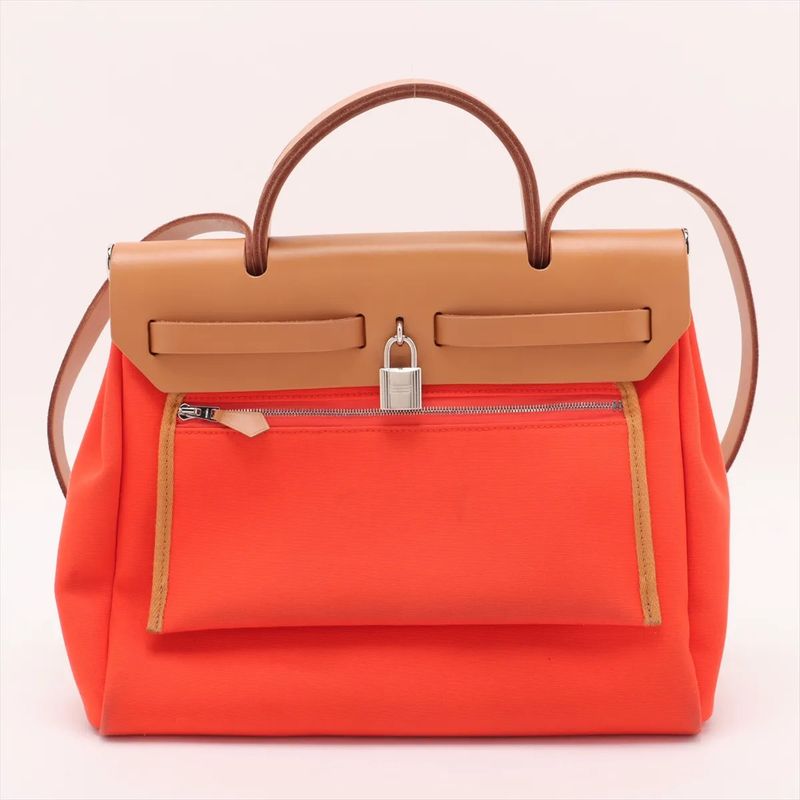 Hermes Z Marked Herbag Her Bag Zip PM Toile Officier Leather 2WAY Handbag