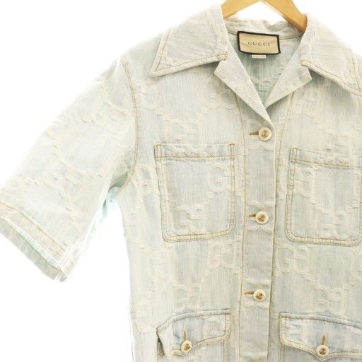 Gucci GG Embroidery Short Sleeve Denim Shirt 38 Light Blue Multicolor California