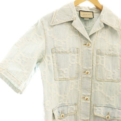 Gucci GG Embroidery Short Sleeve Denim Shirt 38 Light Blue Multicolor California