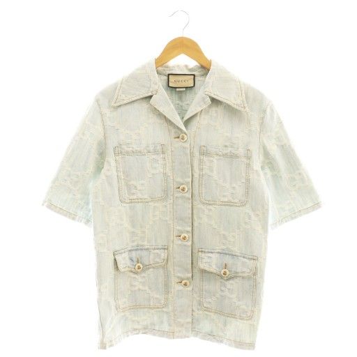 Gucci GG Embroidery Short Sleeve Denim Shirt 38 Light Blue Multicolor California