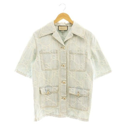 Gucci GG Embroidery Short Sleeve Denim Shirt 38 Light Blue Multicolor California