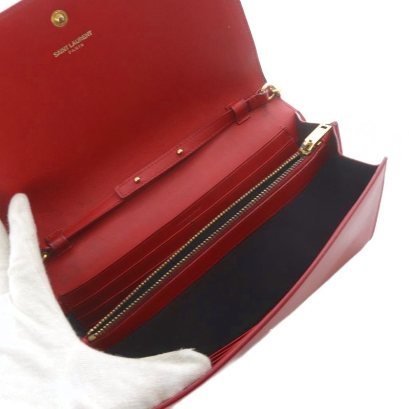 Saint Laurent Paris YSL Line Chain Wallet Shoulder Bag Leather Red 377829