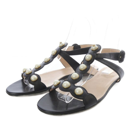 Gucci Sandals Flat Faux Pearl Strap Leather 39 Black YO16