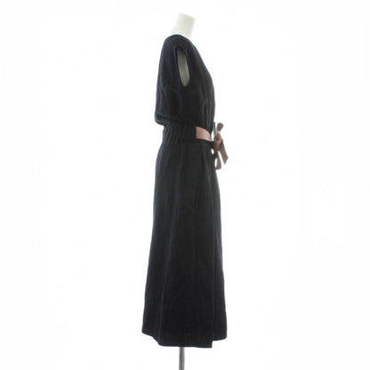 Loewe 21SS Dress Wool Sleeveless Long Striped Leather With Belt 32 XS Navy Blue