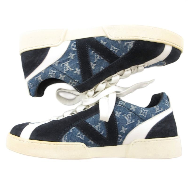 Louis Vuitton Monogram Sneakers Shoes Low Cut Denim 5.5 Indigo Blue Ba1106 JS -