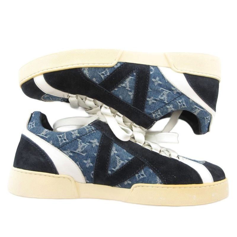 Louis Vuitton Monogram Sneakers Shoes Low Cut Denim 5.5 Indigo Blue Ba1106 JS -
