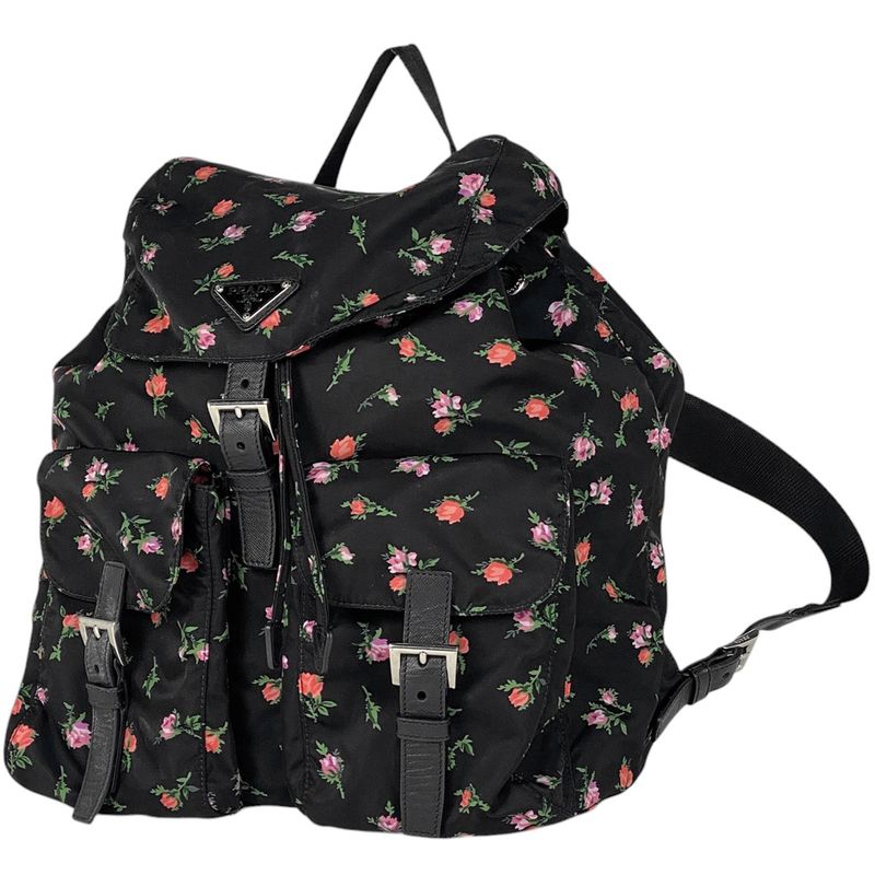 Prada Logo Plate Backpack Sac Floral Backpack Nylon Nero (Black) Multicolor