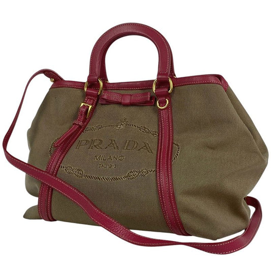 Prada Logo Jacquard Handbag 2way Shoulder Bag Ribbon Handbag Canvas Brown Women